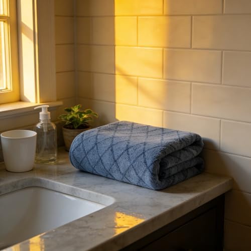 2 Pack Diamond Grid Jacquard Microfiber Bath Towels, 27 x 55 Inches Large Quick Dry Absorbent Shower Towel Set, Soft Lightweight Decorative Linen for Bathroom Spa Gym Beach Travel