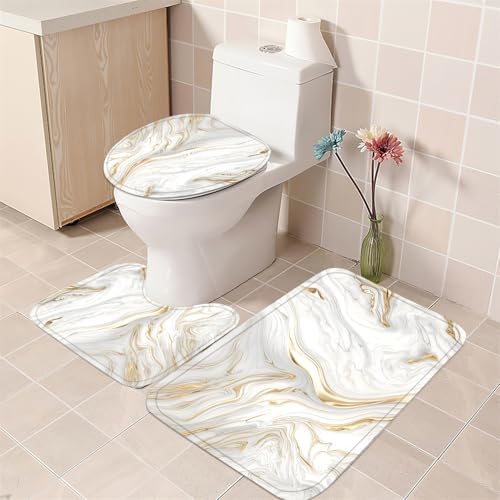 Nkzply 4Pcs White and Gold Marble Shower Curtain Set Bathroom Set with Rugs