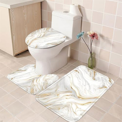 Nkzply 4Pcs White and Gold Marble Shower Curtain Set Bathroom Set with Rugs