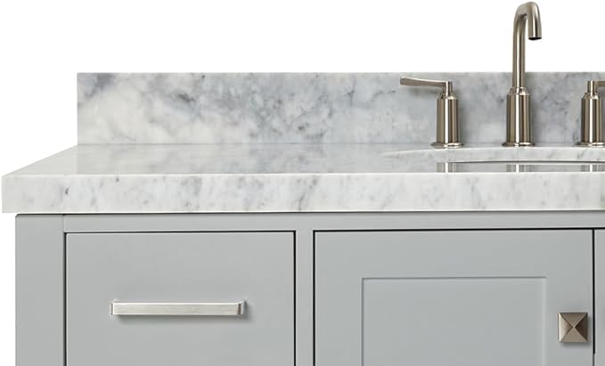 ARIEL Cambridge 48-inch Bathroom Vanity with Sink,Solid Wood, 1.5-inch Italian Carrara Marble Countertop & Backsplash, Single Oval Porcelain Sink, 2 Soft Closing Doors, 9 Dovetail Drawers, Grey