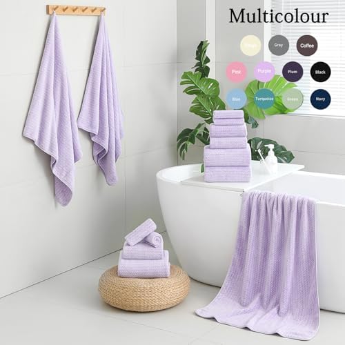 18 Piece Bath Towels Set,100% Microfiber Family Bathroom Towel with Hanging Loops-6 Bath Towels,6 Hand Towels,6 Washcloths,Quick Dry Highly Absorbent Shower Towel for Bathroom,Hotel,Spa-Light Purple