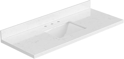 ARIEL 54 inch Bathroom Vanity top with Sink, 1.5 Inch Thick Miter Edge Carrara White Quartz top, Rectangle Single Porcelain Sink, Includes Backsplash