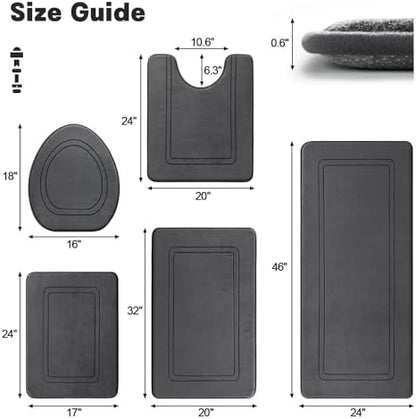 YIHOUSE Dark Grey Memory Foam Bathroom Rug Set 5 Piece,Ultra Absorbent, Non Slip Bath Mats，Washable Dry Quickly Bath Rug Set for Bathroom Floor, Dark Grey Bath Mat Set 5 Piece