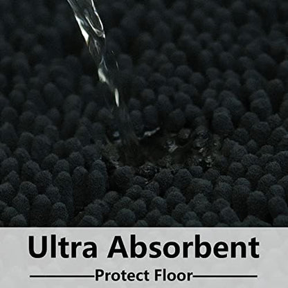 Bathroom Rugs Sets 2 Piece, Extra Soft Chenille Bath Mat Ultra Absorbent Bathroom Rug, Bathroom Mat with Sturdy PVC Non-Slip Bottom, Machine Washable Bath Rugs (20x32 Inch + 16x24 Inch, Black)