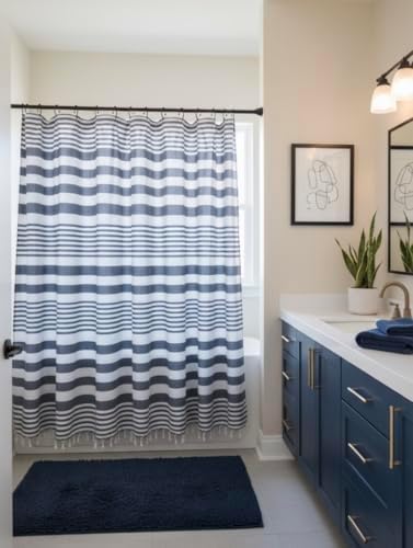 Serafina Home Denim Blue & White Striped Cotton Shower Curtain with Fringe