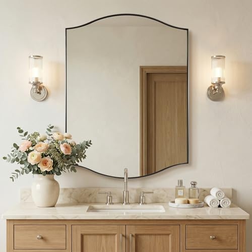 ANDY STAR Rectangle Scalloped Mirror, 30"x40" Brushed Nickel Bathroom Mirror in SUS304 Stainless Steel Metal Frame, Large Silver Vanity Mirror with Unique Arched Top Design