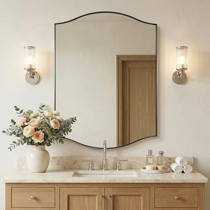 ANDY STAR Rectangle Scalloped Mirror, 30"x40" Brushed Nickel Bathroom Mirror in SUS304 Stainless Steel Metal Frame, Large Silver Vanity Mirror with Unique Arched Top Design