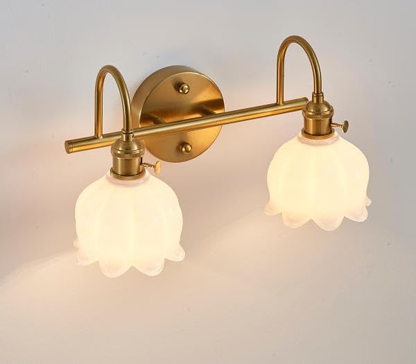 Bathroom Light Fixtures, 3-Light Brass Vanity Wall Light with Amber Tulip Glass Shades, Vintage Wall Sconce Over Mirror for Bathroom, Bedroom, Living Room (Bulbs Not Included) (White, 2-Light)