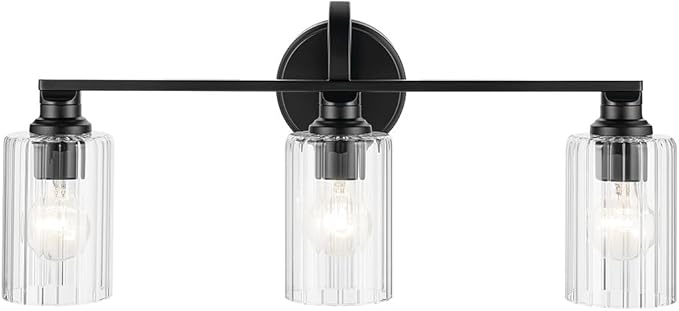 Kichler Gioe 24.25" 3-Light Vanity Light with Clear Fluted Glass in Black, Damp Rated, for Bathroom, Powder Room, Over a Mirror, (24.25" W x 10.5" H), 55226BKFLU