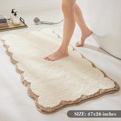 Ohocut Luxury Microfiber Scalloped Runner Rug, Beige Sand Scalloped Piping Long Bathroom Rug Boho Farmhouse Bath Mat for Bathroom, Tub, Sink, Shower, Anti Slip, Extra Soft, Absorbent, 47x24