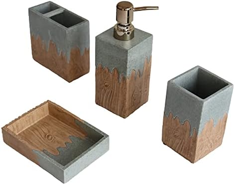 Hymmah Bathroom Accessories Set,Wooden Design Toothbrush Holder,Farmhouse Bathroom Decor,4 Pcs Resin Gift Set Apartment Necessities, Contain Toothbrush Cup,Soap Dispenser,Soap Dish,Tumbler