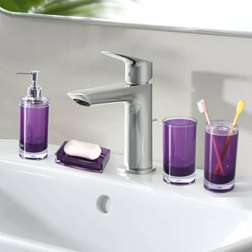 5 Pcs Purple Acrylic Bathroom Accessories Set Complete,Lotion/Soap Dispenser,Soap Dish,Toothbrush Holder, Tumbler,Toilet Brush and Holder,Modern Bathroom Decor and Housewarming Gift Set (Dark Purple)