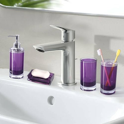 5 Pcs Purple Acrylic Bathroom Accessories Set Complete,Lotion/Soap Dispenser,Soap Dish,Toothbrush Holder, Tumbler,Toilet Brush and Holder,Modern Bathroom Decor and Housewarming Gift Set (Dark Purple)