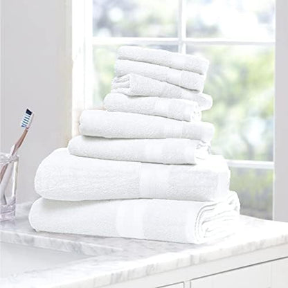 BOUTIQUO White Bath Towel Set - 8 Piece Set, 2 Bath 27x54, 2 Hand 16x28, 4 Wash 13x13 - 100% Ring Spun Cotton, Ultra Soft, Highly Absorbent