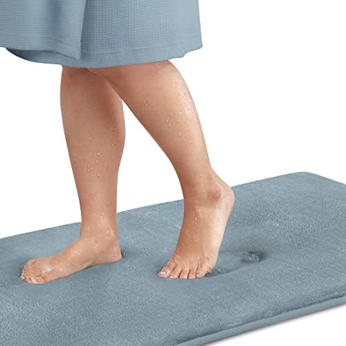 Memory Foam Bath Mat Non Slip Absorbent Super Cozy Velvet Bathroom Rug Carpet (20 inches X 32 inches, Smoke Blue)