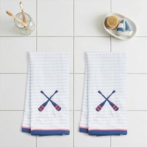 Ritz 2-Piece Cotton Velour Bathroom Hand Towel Set, Embroidered Criss Cross Oars, Light Blue Pinstripe Decorative Towels for Lake House, Cabin, Coastal Decor, 16” x 26”