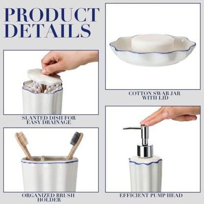 Zhehao 4 Pcs Scalloped Ceramic Bathroom Accessories Set,8.5 Inch, Blue