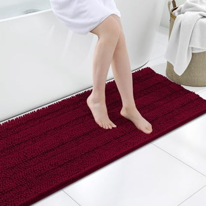 Grandaily Chenille Striped Bathroom Rugs 59x20, Extra Thick and Soft Absorbent Bath Mats, Rubber Backing, Plush Shaggy Shower Carpet, Machine Wash Dry, Bath Rug for Bathroom, Wine Red