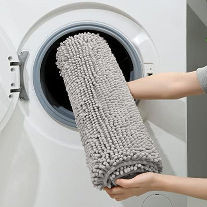 HOMEIDEAS Light Grey Chenille Bathroom Rugs Set of 3, Non Slip Bath Mat