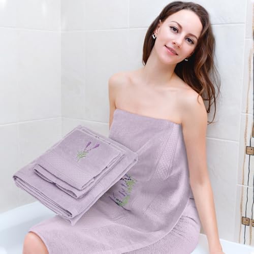 3 Pcs Lavender Floral Bathroom Towel Set Farmhouse Embroidered