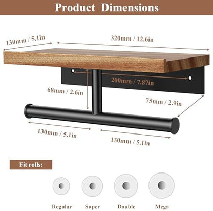 Tindbea Double Toilet Paper Holder with Wood Shelf, Wooden Wall Mount Toilet Paper Roll Holder, Matte Black Stainless Steel Bathroom Toilet Tissue Holder (Sapele, Matte Black)