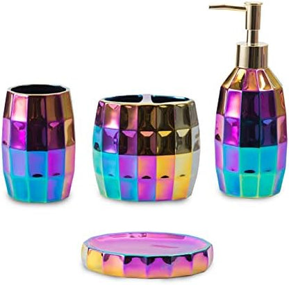 Rainbow Bathroom Accessory Set, Colorful/Gold Mosaic Ceramic Bathroom Accessories Sets Includes Lotion Dispenser, Toothbrush Holder Tumbler, and Soap Dish