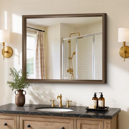 Bathroom Mirror, 30 x 36 inch Walnut Wood Grain Colored Aluminum Metal Frame Bathroom Vanity Mirror, Rectangle Wall Mirror for Bedroom Living Room, Tempered Glass, Horizontal or Vertical