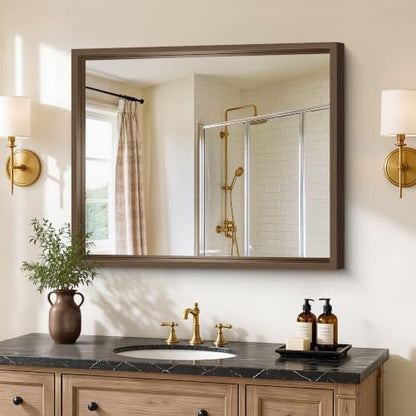 Bathroom Mirror, 30 x 36 inch Walnut Wood Grain Colored Aluminum Metal Frame Bathroom Vanity Mirror, Rectangle Wall Mirror for Bedroom Living Room, Tempered Glass, Horizontal or Vertical