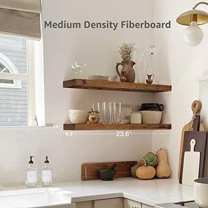 QEEIG Floating Shelves for Wall 23.6" Long - Wall Mounted Shelf Bathroom Kitchen Living Room Bedroom Farmhouse Home Decor Display Bookshelf Set of 2, Rustic Brown (008-60BN)