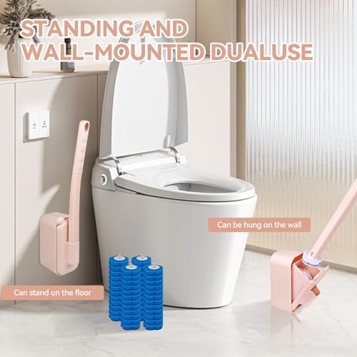Disposable Toilet Brush with 48 Refills,Toilet Cleaning Supplies,Toilet Wand Brush Starter Kit,Wall Mounted Toilet Bowl Cleaner Brush with Holder for Bathroom Deep Cleaning & Hygiene (Pink)