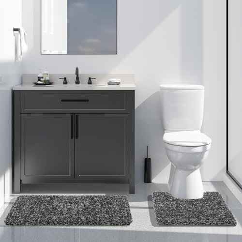 Yimobra Toilet Rugs U Shaped 24X20, Ultra Soft and Water Absorbent Bath Mats, Non Slip Fluffy Luxury polyester Contour Bath Rugs for Toilet, Dry Quick, Machine Washable, Light Gray and Black Gray