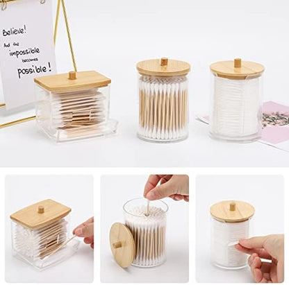 Tbestmax Bathroom Organizer Accessories Set-10 OZ Qtips Holder Storage with Bamboo Lids, Cotton Ball/Swabs Dispenser, Apothecary Container Jar 3 Pcs
