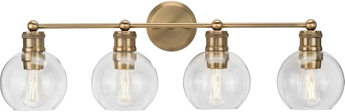Hansford Collection 4-Light Clear Glass Farmhouse Bath Vanity Light Vintage Brass
