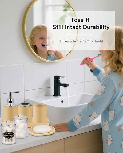 IMAVO Bathroom Accessories Set,Yellow Bathroom Set,9 Pieces Bathroom Accessory Set,Tray,Qtip Holders,Toilet Brush,Trash Can for Bathroom Décor and Home Gifts