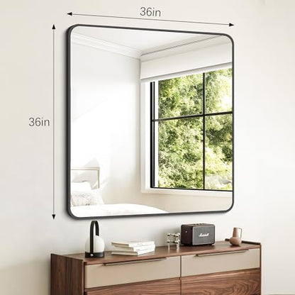 FORBATH Bathroom Mirror 36" x 36"，Large Square Wall Mirror with Black Aluminum Frame Rounded Corner, Wall Mounted Mirror for Bathroom Bedroom Entryway Living Room