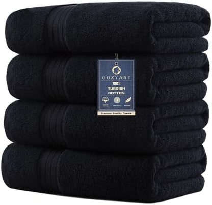 COZYART Luxury Bath Towels 4 PCS, 27x54 650 GSM Turkish Cotton, Black