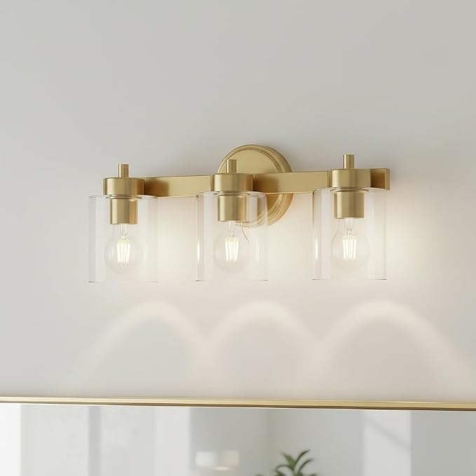 Ken & Ricky 3 Light Brushed Gold Bathroom Vanity Lights Fixtures | Over Mirror,Modern Wall Sconce,E26，Clear Glass Shades For Living Room Bedroom Entryway