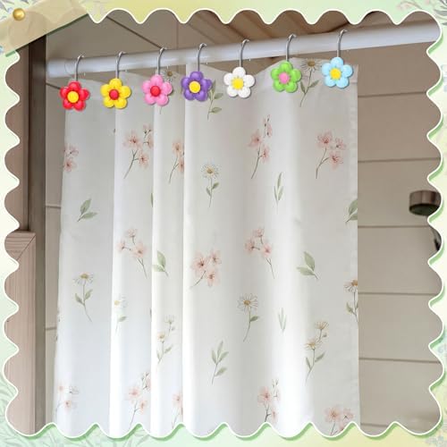 Thyle 12 Pcs Spring Floral Shower Curtain Hooks, Colorful Resin Ornament Rings Flower Shower Curtain Hooks for Bathroom Bedroom Accessories