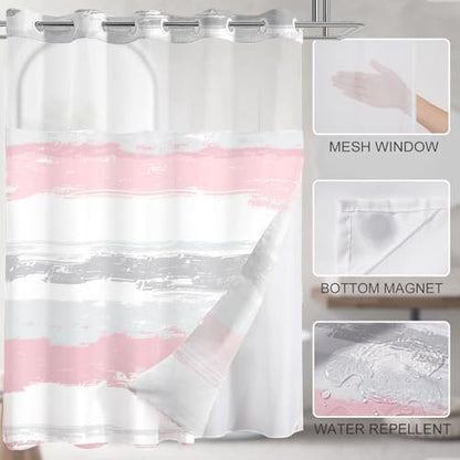 No Hook Shower Curtain with Liner, Pink Stripe, 71x74 Inch
