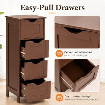 VINGLI 4-Drawer Bathroom Storage Cabinet, Slim Freestanding Floor Cabinet Organizer, 11.8" W x 11.8" D x 32.1" H, Narrow Linen Cabinet for Toiletries, Towels, Toilet Paper, Walnut Brown