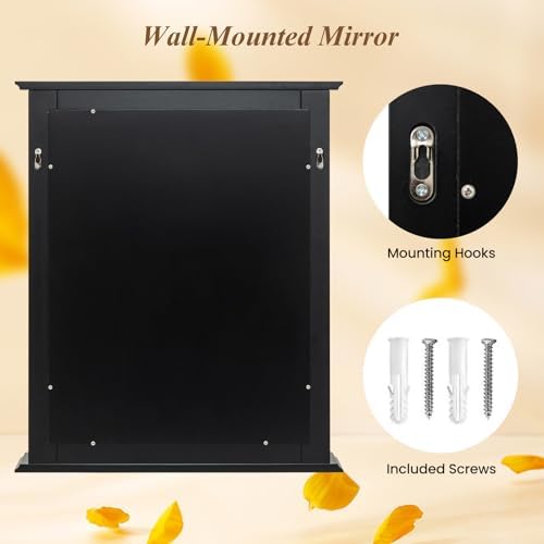 CHARMAID Bathroom Mirror with Shelf - 27" x 22.5" Wall Mirror Over Bathroom Sink, Wooden Frame Modern Rectangular Hanging Vanity Makeup Mirrors for Washroom, Entryway (Black,27" L x 22.5" W)