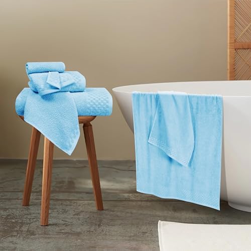 MyOwn Premium Cotton 6 Pack Towel Set for Bathroom, Contains 2 Bath Towels 28x55 inch, 2 Hand Towels 16x24 inch & 2 Wash Coths 12x12 inch, Ideal Everyday use, Compact & Lightweight - Sky Blue