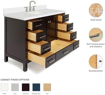 ARIEL Cambridge 48-inch Bathroom Vanity with Sink,Solid Wood, 1.5-inch Pure White Quartz Countertop, Single Rectangular Porcelain Sink, 2 Soft Closing Doors, 9 Dovetail Drawers, Espresso