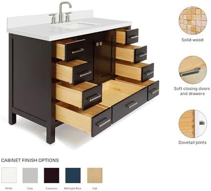 ARIEL Cambridge 48-inch Bathroom Vanity with Sink,Solid Wood, 1.5-inch Pure White Quartz Countertop, Single Rectangular Porcelain Sink, 2 Soft Closing Doors, 9 Dovetail Drawers, Espresso