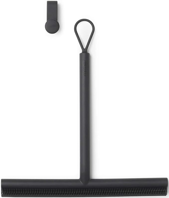 Brabantia Silicone Shower Squeegee with Hook (Dark Gray) Anti Streak Cleaning Wiper for Bathroom Glass, Plastic, Tile - Doublesided Brush & Rim Design