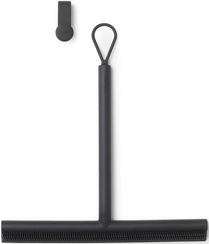 Brabantia Silicone Shower Squeegee with Hook (Dark Gray) Anti Streak Cleaning Wiper for Bathroom Glass, Plastic, Tile - Doublesided Brush & Rim Design
