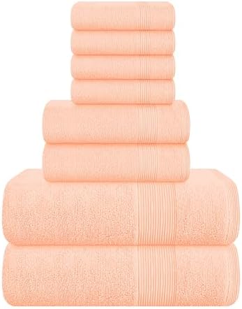 Belizzi Home 8 Piece Towel Set 100% Ring Spun Cotton, 2 Bath Towels 27x54, 2 Hand Towels 16x28 and 4 Washcloths 13x13 - Ultra Soft Highly Absorbent Machine Washable Hotel Spa Quality - Peach