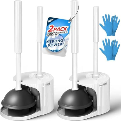 FORASTO 2Pack 2 in 1 Toilet Brush and Plunger Set,Clean Gloves, Extended Handle Plunger，Toilet Bowl Brush Plunger Set,Bathroom Cleaning Tools,Toilet Brush Plunger Combo,Cleaning Brush(Cream White)