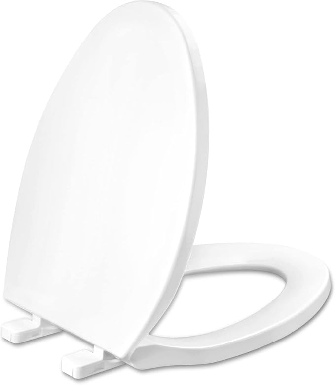 WSSROGY Toilet seat Elongated with Slow Close Hinges, Four Bumpers Never Loosen and Easily Remove, Two Sets of Parts, Plastic, White