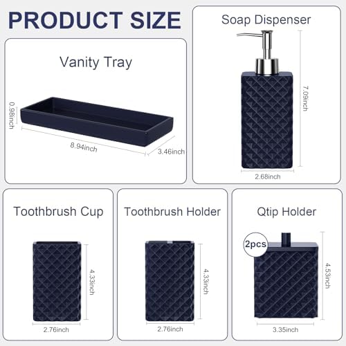 Bathroom Accessories Set Resin 6PCS, Square Toothbrush Holders Set Complete with Soap Dispenser, Vanity Tray, Tumbler, Cups and Cotton Swab Jars (Navy Diamond, Resin Bath 6 PCS)